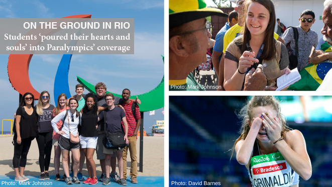 (left) Grady College students Jamie Han, Emily Greenwood, Emily Giambalvo, Jen Finch, David Barnes, Kendra Hansey, Joshua Jones, Casey Sykes and Kennington Smith pose in front to the Paralympic Games agitos at Copacabana Beach prior to the start of the 2016 Paralympic Games in Rio de Janeiro, Brazil, on Monday, Sept. 5, 2016. (Photo/Mark E. Johnson) (top right) Jenn Finch collects caption information outside of Maracana Stadium before the opening ceremony of the 2016 Paralympic Games in Rio de Janeiro, Brazil, on Wednesday, Sept. 7, 2016. (Photo/Mark E. Johnson) (bottom right) Anna Grimaldi of New Zealand reacts after realizing she won a gold medal in the women's long jump T47 finals at the 2016 Paralympic Games in Rio de Janeiro, Brazil, on Thursday, Sept. 8, 2016. (David A. Barnes/University of Georgia via AP)