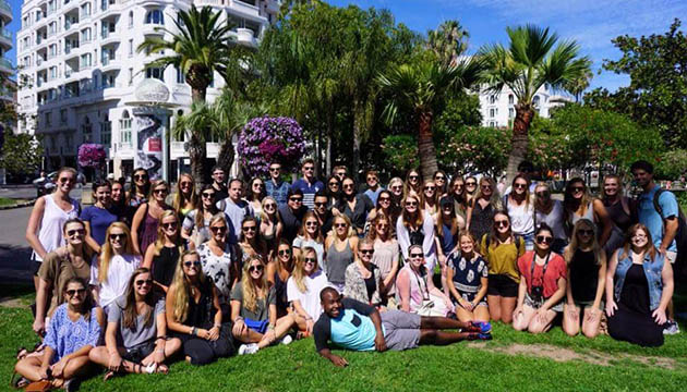 Students participating in the 2016 Cannes Lions Festival Study Abroad program arrive at the Palais des Festivals et des Congrès.