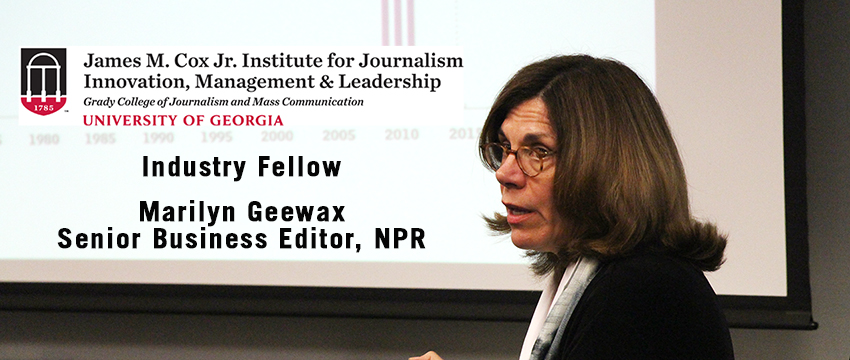Marilyn Geewax of NPR returns to Grady College for six Industry Fellow lectures in Spring 2018. This photo is from a 2016 lecture at Grady.