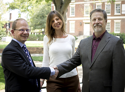Stephen Balfour, director of the Office of Online Learning; Associate Dean Shari Miller, School of Social Work; and Associate Dean Jeff Springston, Grady College, celebrate the first Online Course Innovation Grants. Photo: Office of Online Learning.