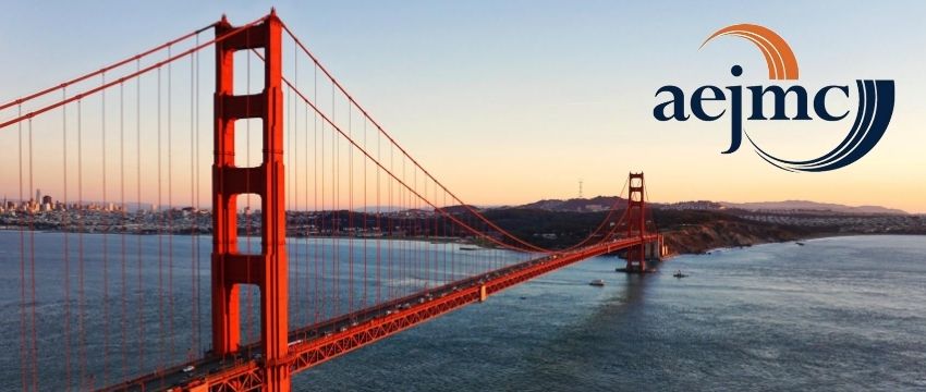 Landscape view of Golden Gate Bridge in San Francisco, with AEJMC logo