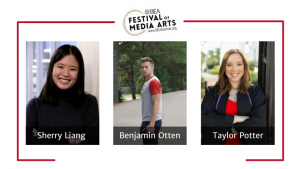 Graphic of Sherry Liang, Benjamin Otten and Taylor Potter, who all won awards at the 2022 Broadcast Education Association Festival of Media Arts
