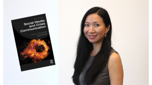 Yan Jin next to her new book "Social Media and Crisis Communication"