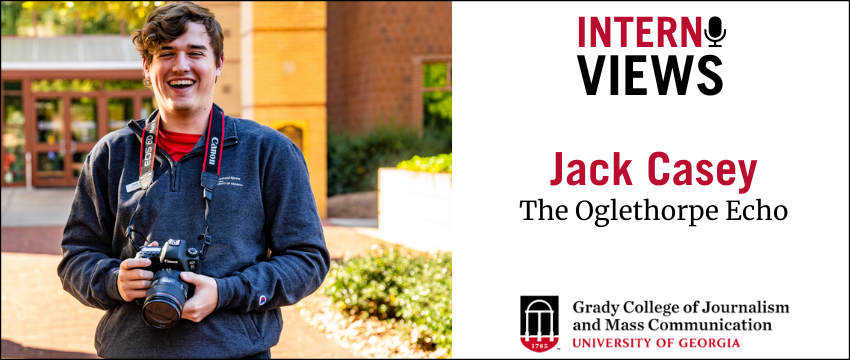 graphic of picture of student Jack Casey holding camera, with InternViews logo and text 
