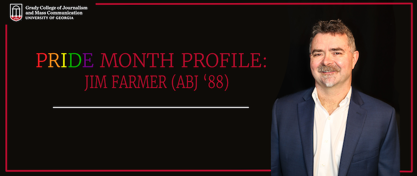 A graphic of Jim Farmer that reads "Pride Month Profile: Jim Farmer (ABJ '88)