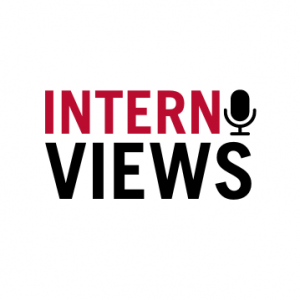 graphic for internviews, white background with red and black bold text saying Intern on top of Views, with a microphone graphic