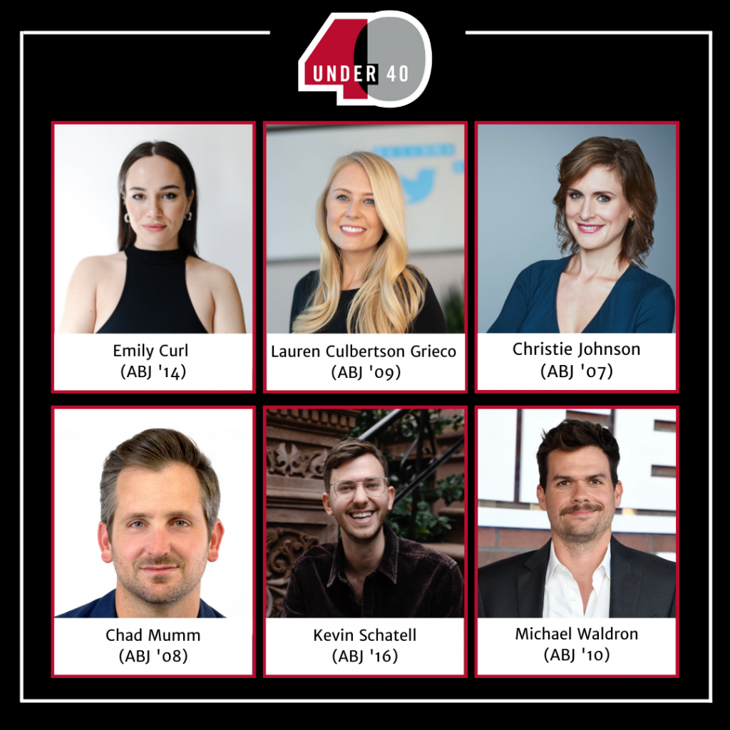 A graphic of the Grady 2022 UGA 40 under 40 nominees, Emily Curl, Lauren Culbertson Grieco, Christie Johnson, Chad Mumm, Kevin Schatell and Michael Waldron.