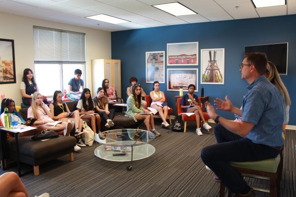 AdPR campers receive a lesson at Jackson Spalding Public Relations and Marketing Agency in Downtown Athens.