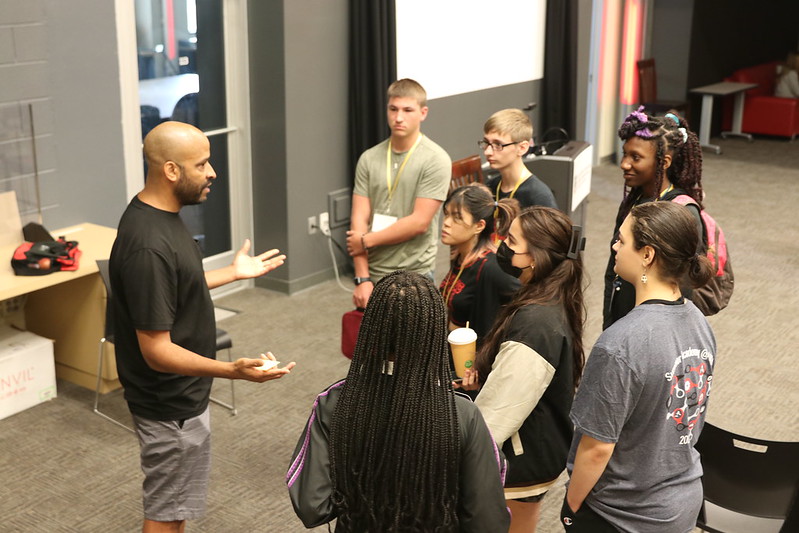 Booker T. Mattison speaks to a group of students attending EMST Summer Academy in Studio 100.