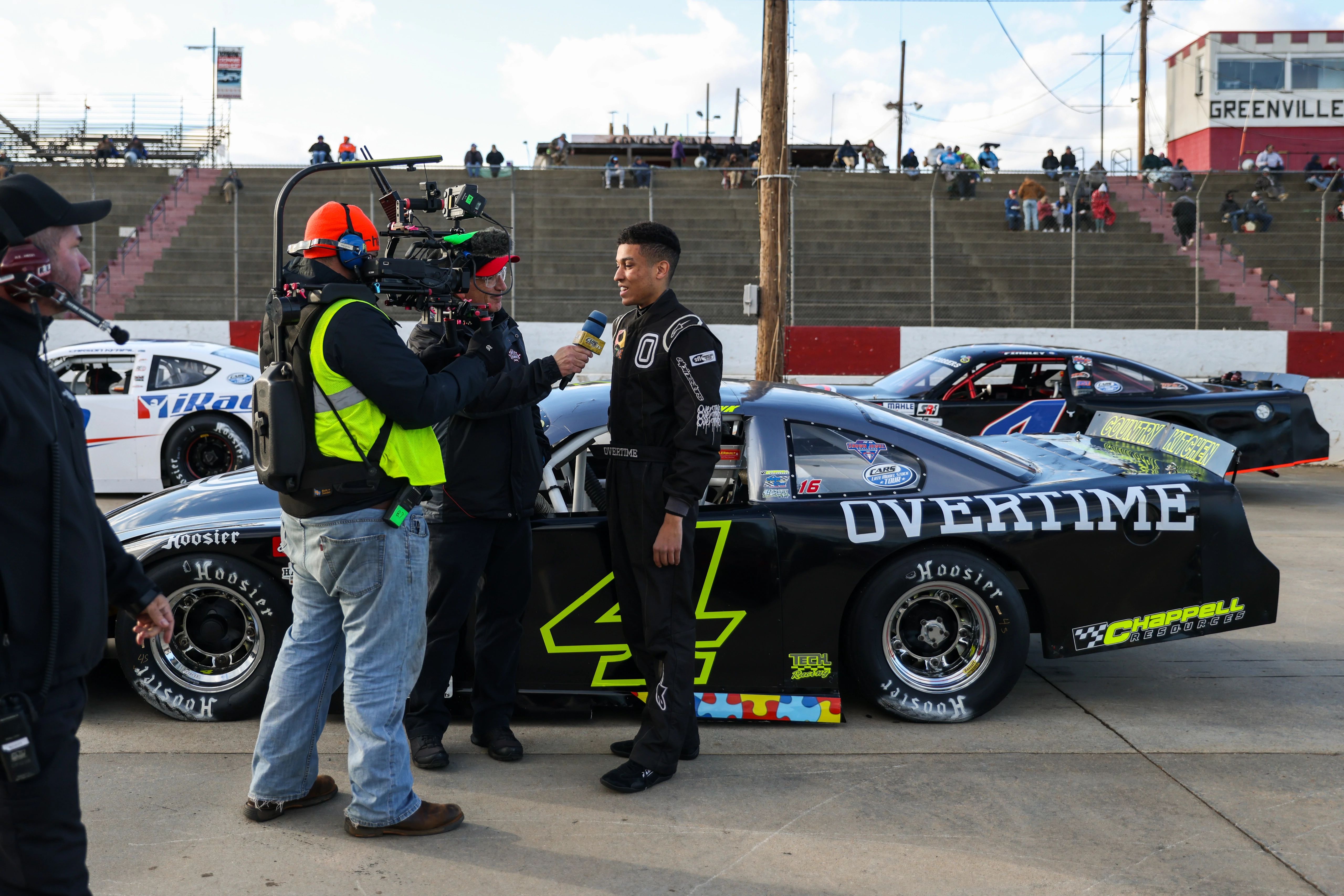 Hayden Swank gives an interview prior to the race at Greenville-Pickens Speedway in Easley, South Carolina. 