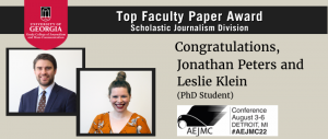 Congratulations sign for Jon Peters and Leslie Klein for Top Faculty Paper at AEJMC