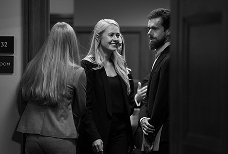 Lauren Culbertson Grieco talks with Jack Dorsey between meetings on Capitol Hill. 