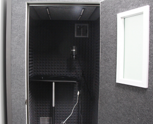 The sound isolation booth in the new podcast studio
