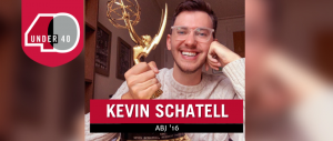 Kevin Schatell holds up an Emmy award, graphic says "40 Under 40"