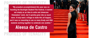 quote by student and photo of her on the red carpet at the Cannes film festival