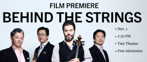 A graphic with an image of the Shanghai Quartet, advertising the screening of Behind The Strings