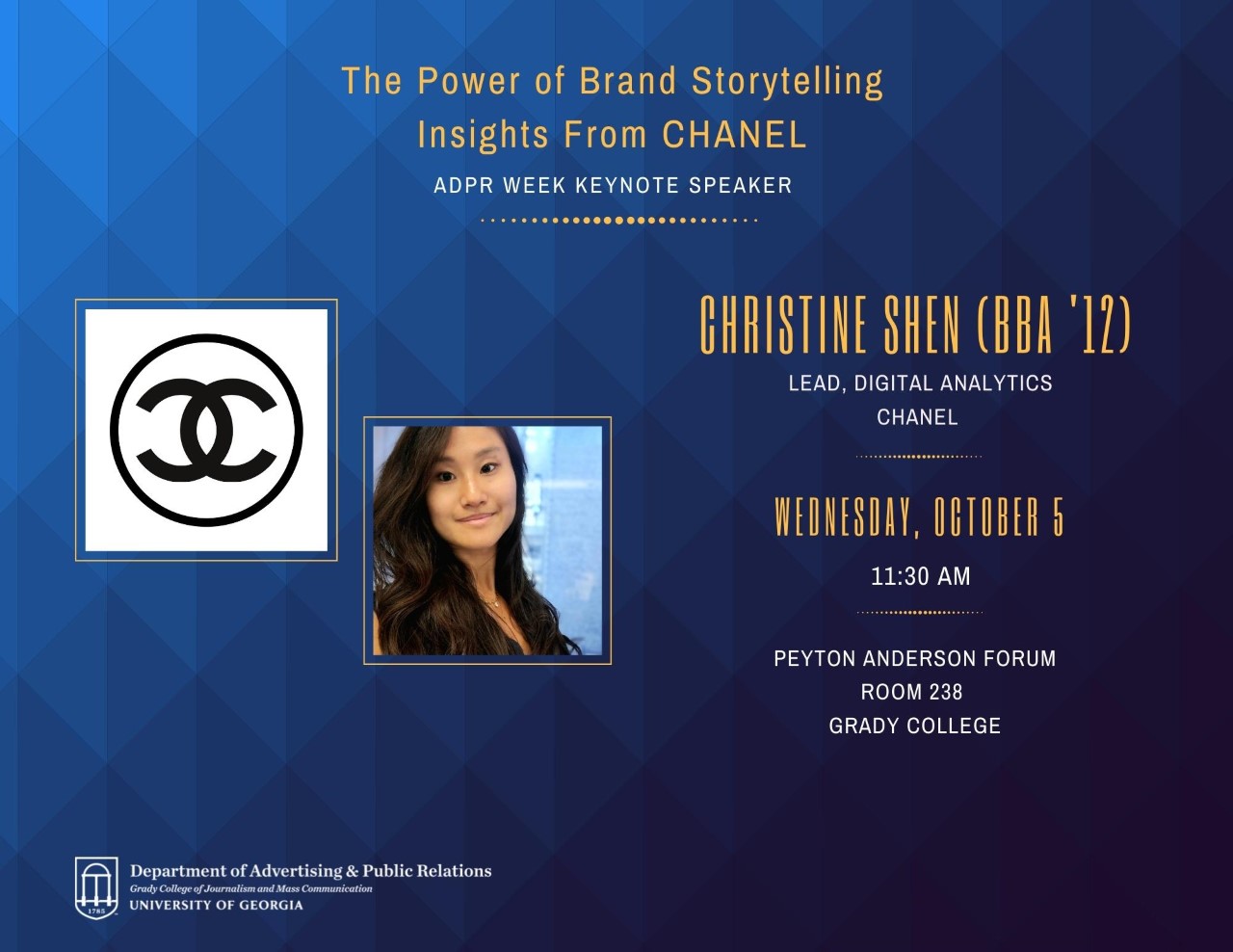 A flyer for Christine Chen's talk titled "The Power of Brand Storytelling: Insights from CHANEL"