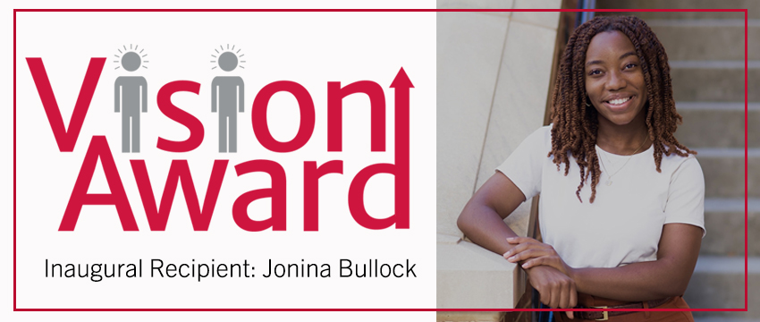 Headshot of Jonina Bullock and the logo for Vision Award.