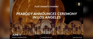 Graphic with Peabody medal and palm trees announcing that Peabody will hold this year's ceremony in Los Angeles.