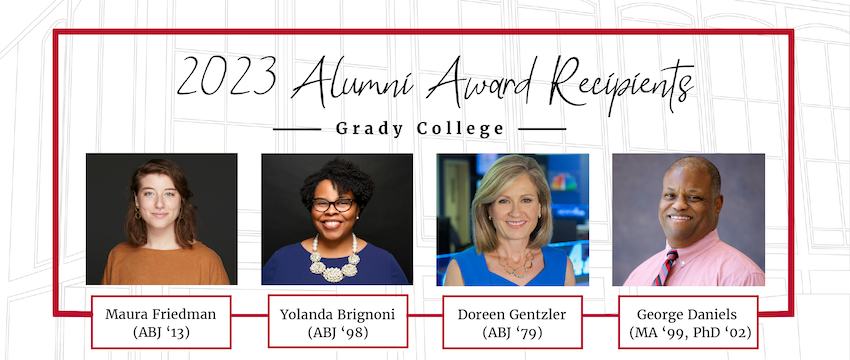 A slider graphic with headshot of all of the 2023 Alumni Award winners.
