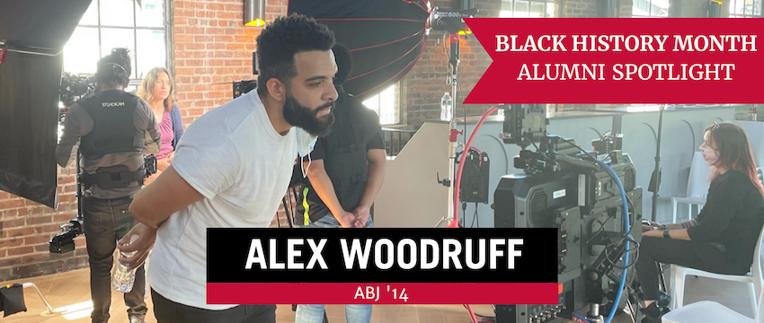 A Black History Month profile slider on Alex Woodruff, showing him looking into a camera.