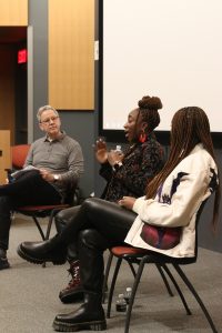 Adamma Ebo and her sister, Adanne Ebo, creators of "Honk for Jesus. Save Your Soul," visit with Neil Landau and students in the MFA Film and EMST program.