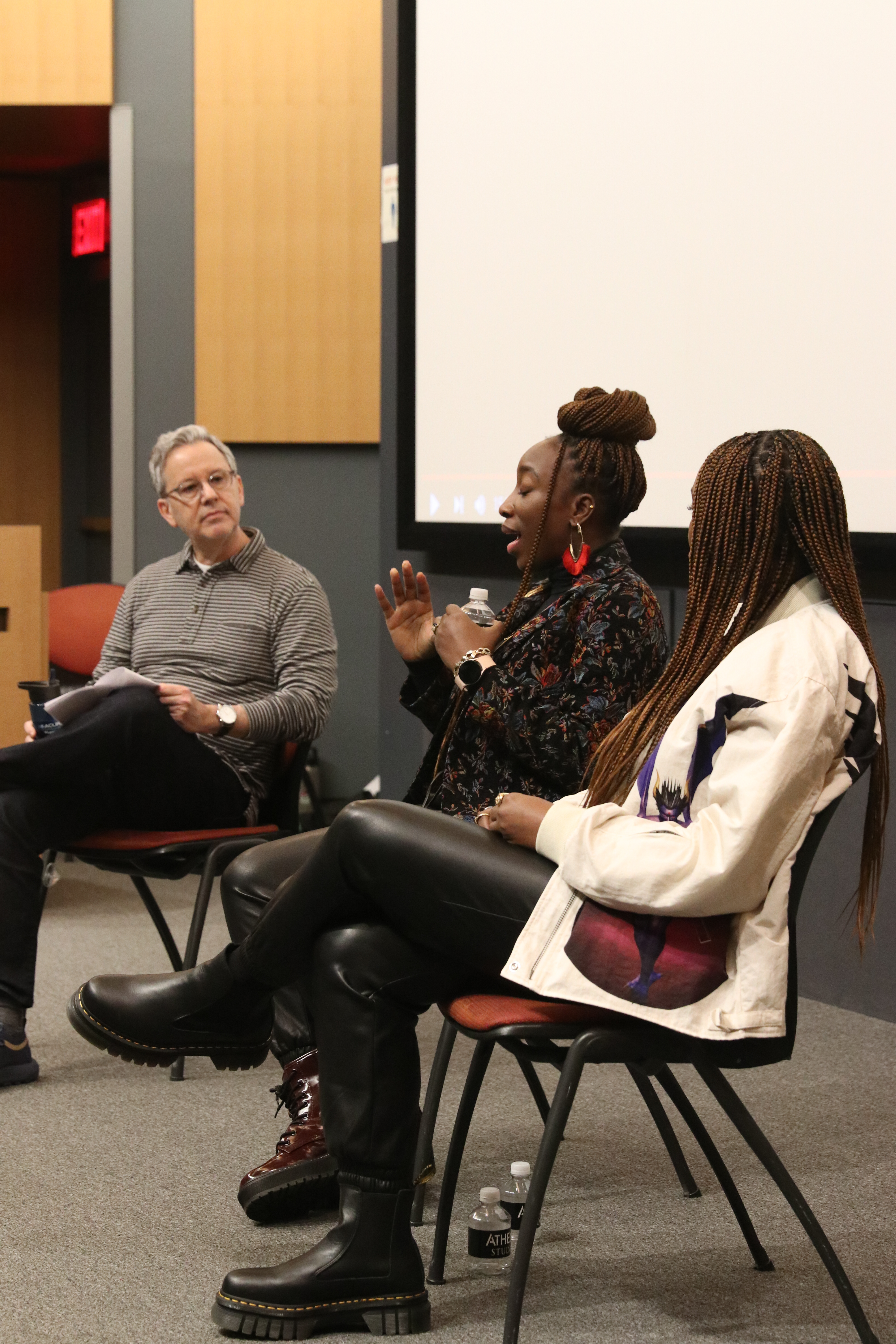 Adamma Ebo and her sister, Adanne Ebo, creators of "Honk for Jesus. Save Your Soul," visit with Neil Landau and students in the MFA Film and EMST program.
