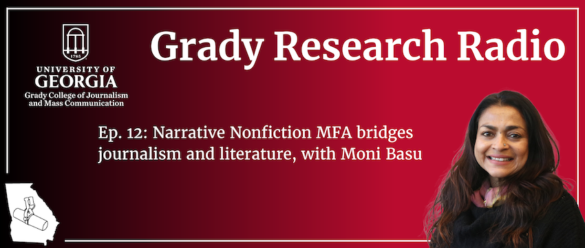 A news slider graphic with Moni Basu on it with a headline that reads "Narrative Nonfiction MFA bridges journalism and literature."