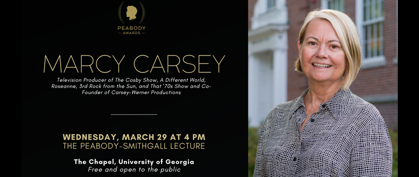 Headshot of Marcy Carsey and announcement of the Peabody-Smithgall Lecture on March 29, 2023.