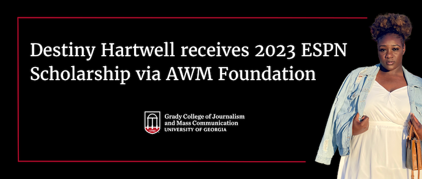 A slider graphic with a photo of Destiny Hartwell that reads: "Destiny Hartwell receives 2023 ESPN Scholarship via AWM Foundation"