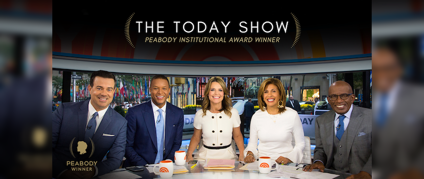 A slider graphic with an image of the TODAY show anchors and text explaining Today is the winner of Peabody's Institutional Award.