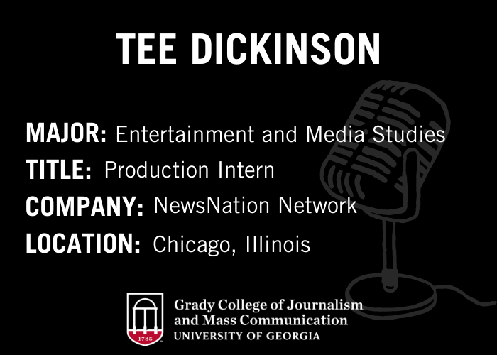 Graphic with a black background and microphone. Text reads: Major: Entertainment and Media Studies, Title: Production intern, Company: NewsNation Network, Location: Chicago, Illinois. 