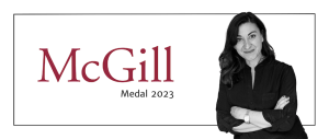 A graphic with a black and white photo of Addario and red and black lettering that reads McGill medal 2023.