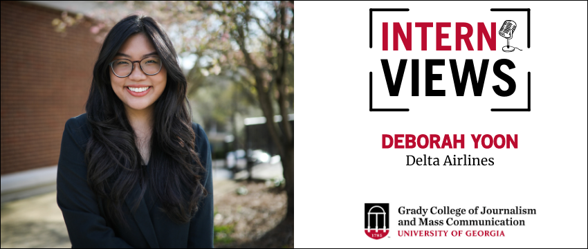Graphic with a headshot of a student in front of trees. Text that reads: InternViews, Deborah Yoon, Delta Airlines