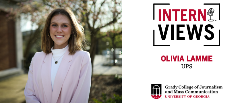 Graphic with a headshot of a student posing in front of trees. Text that reads: InternViews, Olivia Lamme, UPS