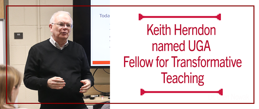 Photo of Keith Herndon teaching in the classroom and text reading Keith Herndon named UGA Fellow for Transformative Teaching.