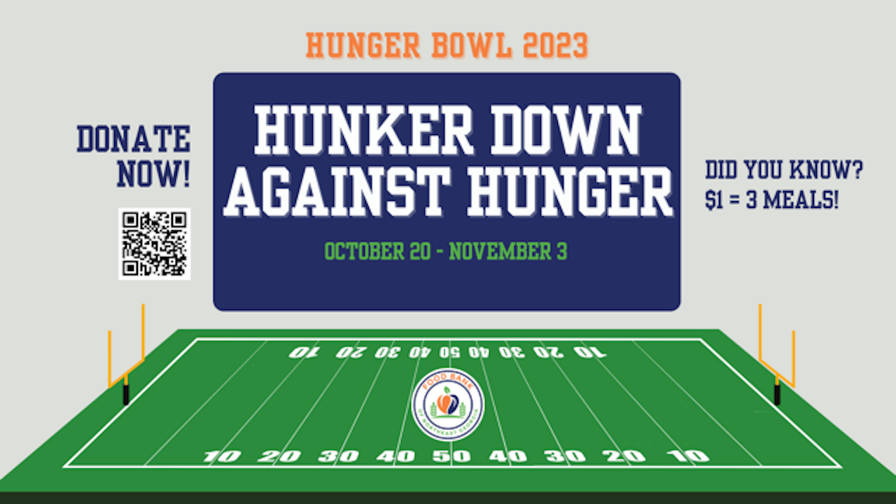 A graphic advertising hunger bowl that reads "hunker down against hunger"