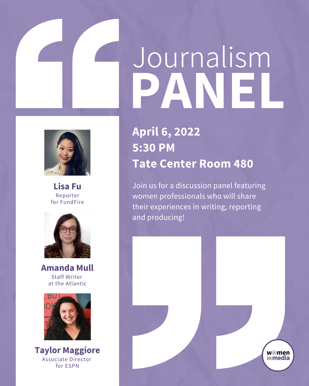 Flyer for Women in Media's Journalism Panel on April 6.