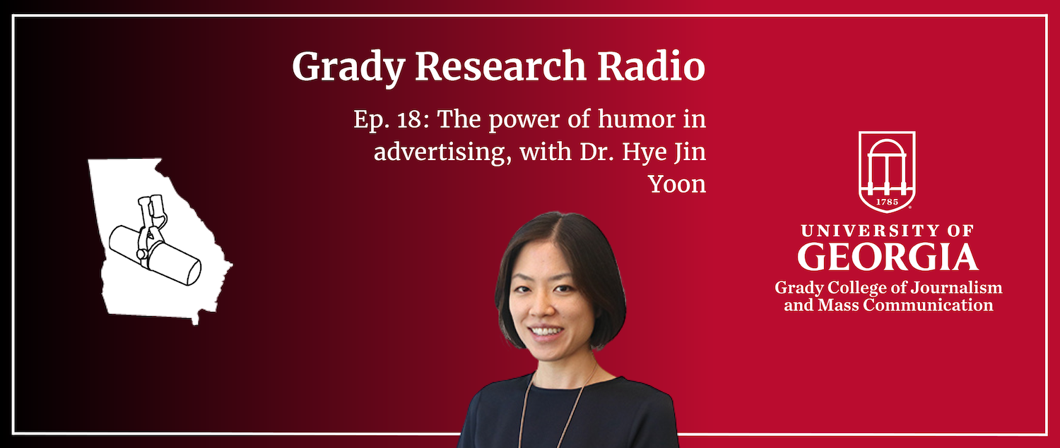A news slider with a red background and a photo of Hye Jin Yoon. It has text with the episode name: "The power of humor in advertising."