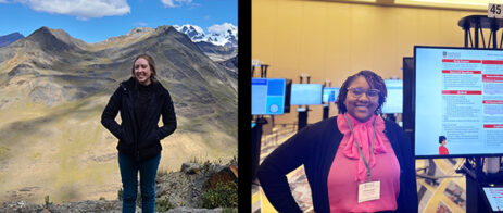 Woman standing on mountain range, and woman presenting research poster at a conference.