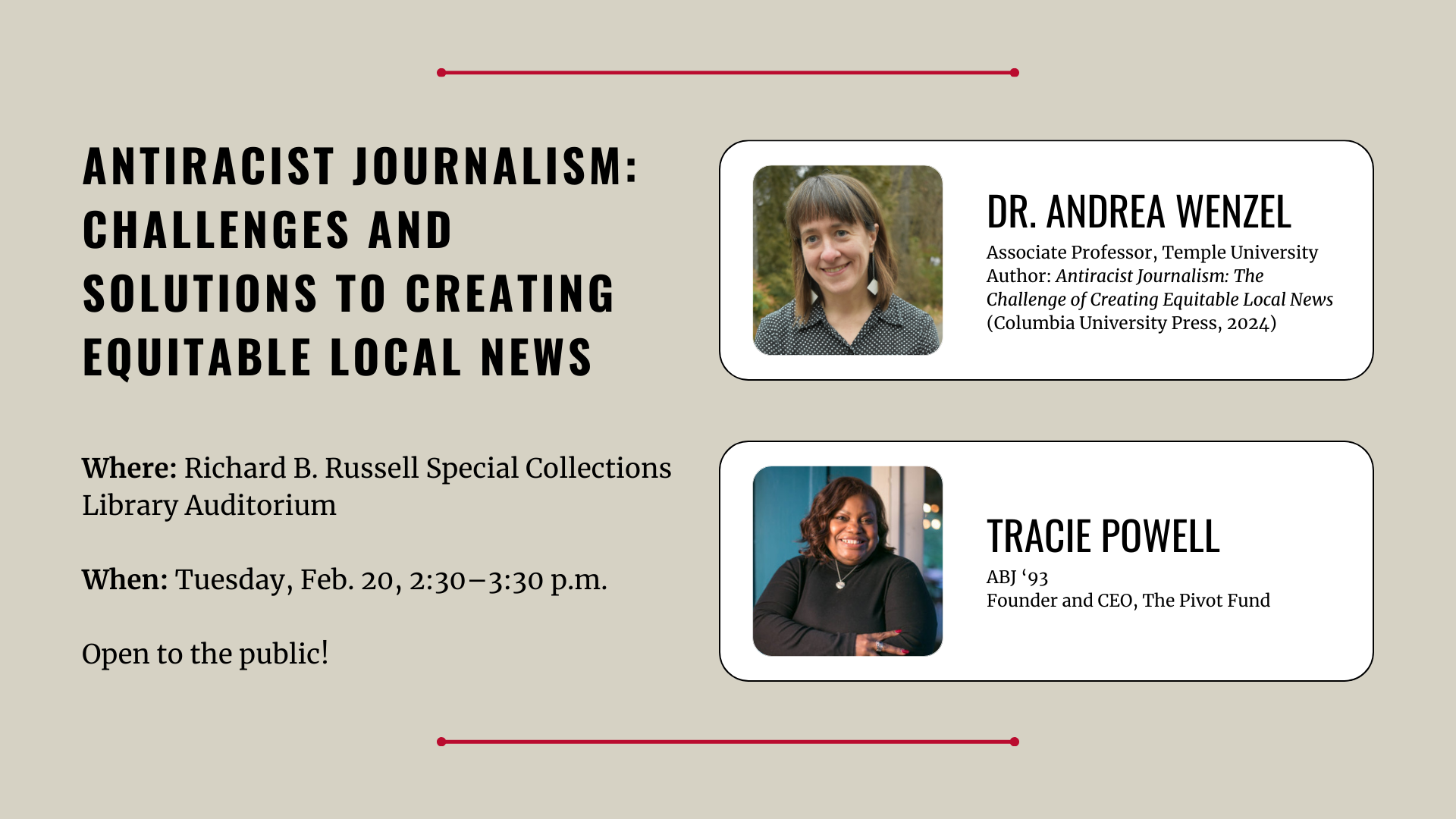 A digital flyer advertising the "Antiracist Journalism: Challenges and Solutions to Creating Equitable Local News" talk.