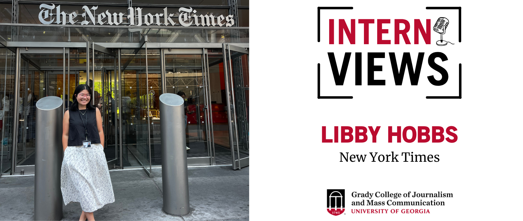 Libby Hobbs stands in front of New York Times building in NYC.