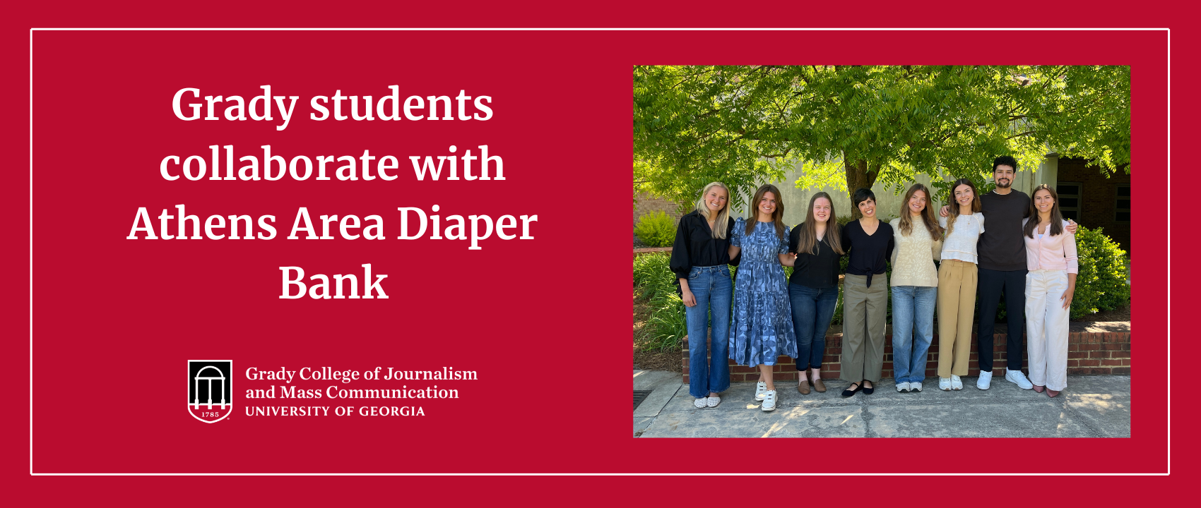 AdPR capstone students pose with Erin Campbell, the executive director of the Athens Area Diaper Bank.