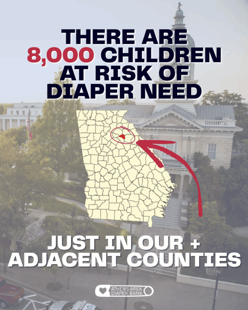 Social media depicting how many kids are at risk of diaper need in Athens. 