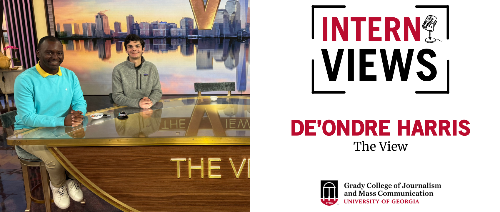 De'Ondre (left) sits at a desk on the set of The View.