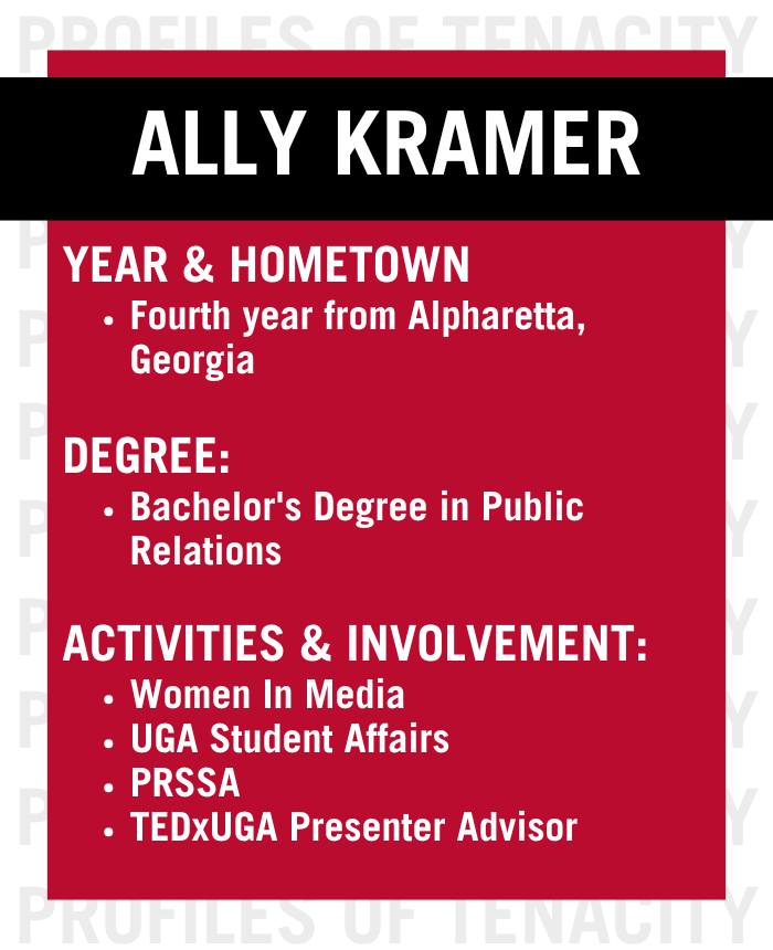 Graphic depicting Ally Kramer's involvements in Grady and UGA.
