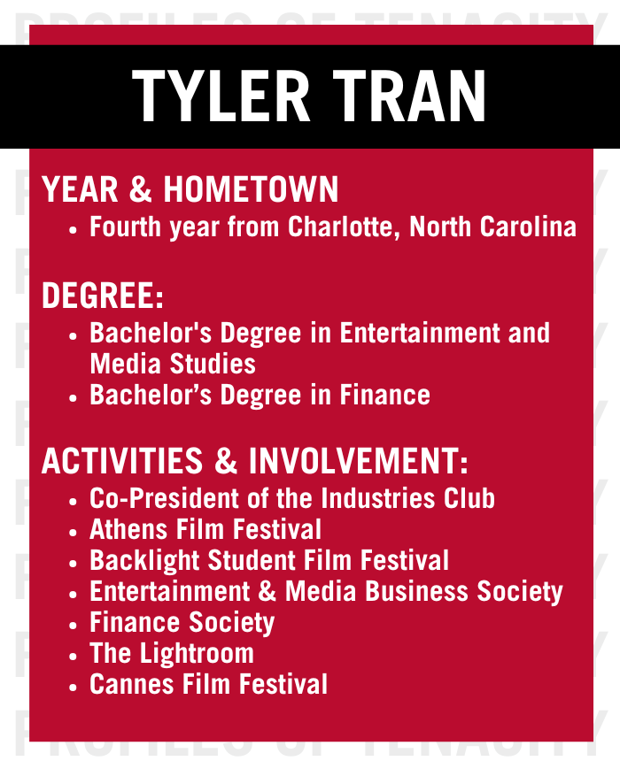 Informational box reading Tyler Tran. Wear and hometown: 4th year from Charlotte, NC. Degree” bachelor's degree in entertainment and media studies. Bachelor's degree in finance
