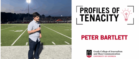 Picture of a student holding a microphone and crossing a football field. Other half reads "Profiles of Tenacity" Peter Bartlett.