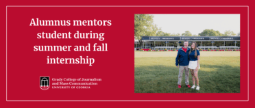 Header picture of Jeremy Friedman and Brigette Ramirez in front of sponsor tent. Title reads Alumnus mentors student during summer and fall internship.