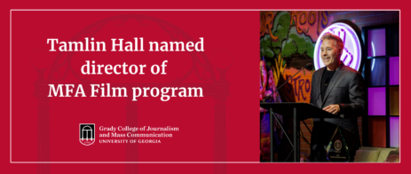 Image of Tamlin Hall speaking at a podium and text that reads "Tamlin Hall named director of MFA Film program.